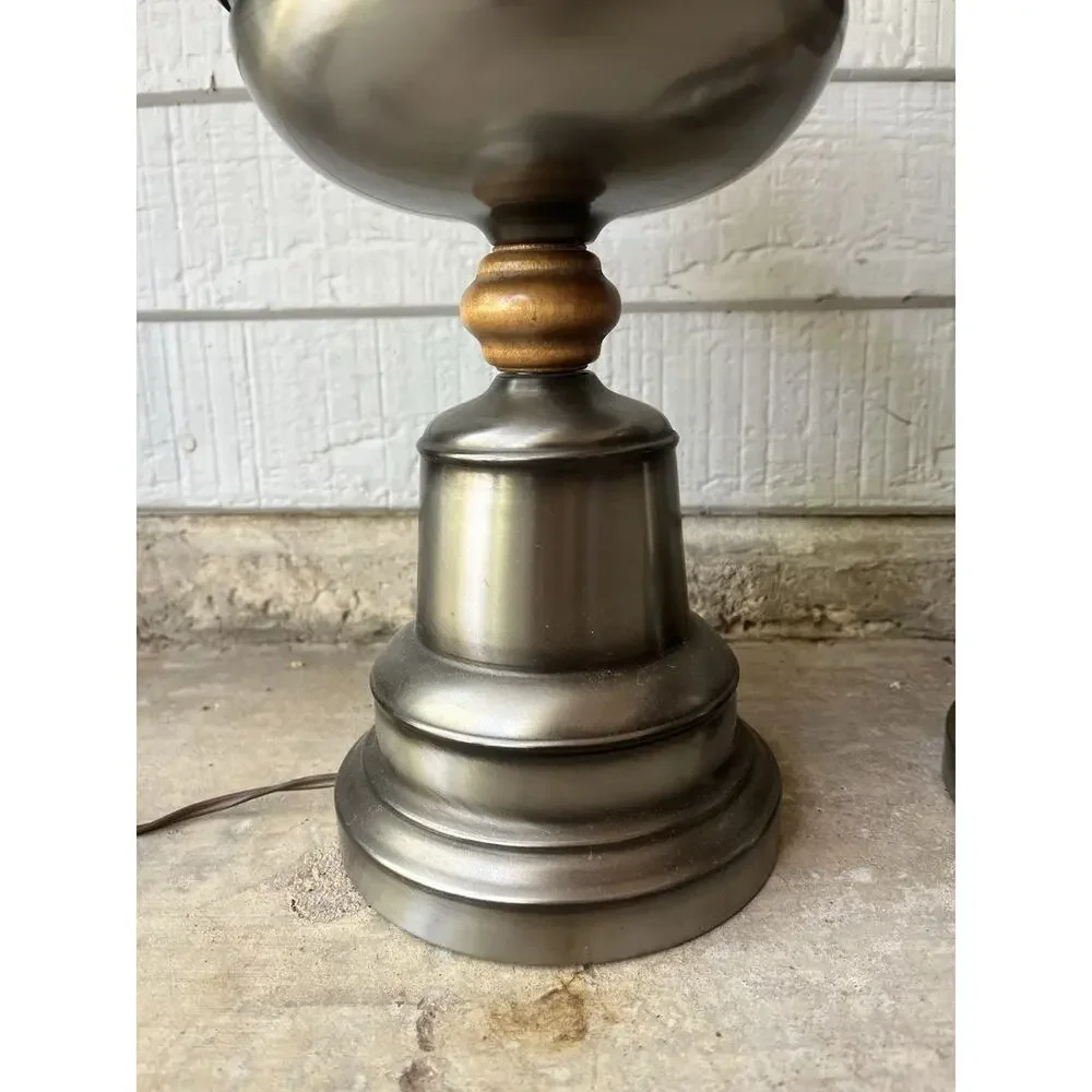 1960s Mid-century Hollywood Regency-Style Wood & Gray Metal Leviton Lamps 29” - Picture 4 of 12